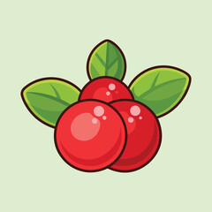 Cute Illustrated Cranberries with Green Leaves on Light Green Background