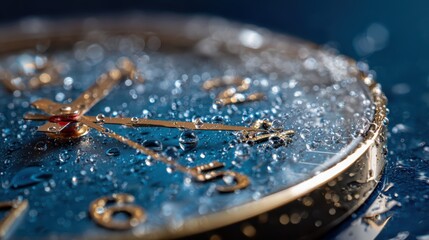 Striking Closeup of a Timeworn Clock Face Dotted with Refreshing Water Droplets, Ideal for Creative Projects and Relaxationfocused Content.