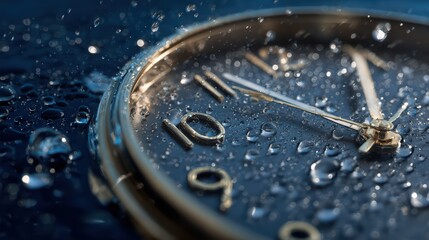Stunning Closeup of a Timeworn Clock Faced with Dewy Water Droplets on a Blue Background, Ideal for Calm and Relaxing Projects.