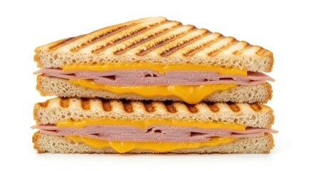 Two grilled ham and cheese sandwiches isolated on white background