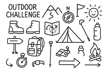 Naklejka premium Adventure Gear Icons. Hand-drawn doodle illustration outdoor challenge mountain, compass, hiking boots, map, flag, tent, backpack,