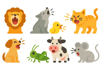 Obraz premium Animal Sounds Grid. Flat vector mini-illustrations animal screams in colors children's illustrations: roaring lion, howling wolf,