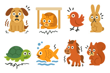 Naklejka premium Animal Earthquake Reactions. Flat vector mini-illustrations earthquake and animals in colors children's illustrations: scared dog,
