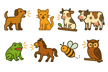Fototapeta premium Animal Sound Icons. Flat vector mini-illustrations animal sounds in colors children's illustrations: dog barking, cat meowing,