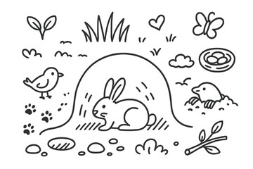 Animal Tunnel Doodles. Hand-drawn doodle illustration animal tunnel rabbit, burrow, tunnel, footprints, grass, mole, hole, leaves,
