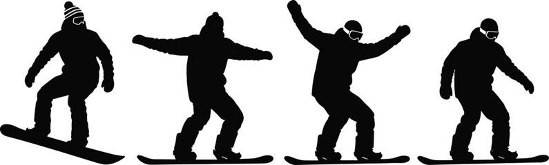 Silhouette sequence of a snowboarder performing tricks and maneuvers on a snowboard, isolated on white background.