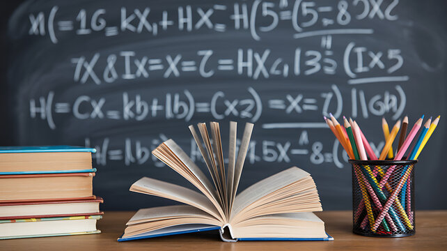 A study table with an open book, pencils in a holder, and stacked books, set against a blackboard filled with mathematical equations and formulas, evoking an academic or educational theme