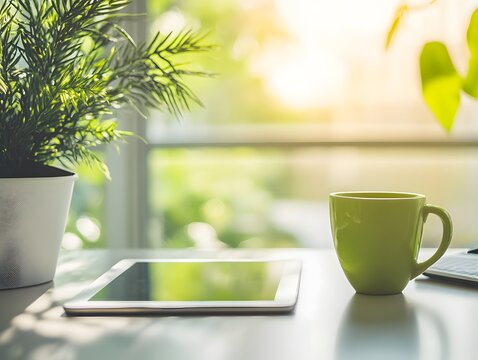 clean office table with only a tablet and coffee mug, bright daylight, productivity concept
- Powered by Adobe
