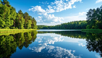 Fototapeta premium Serene Lake Water Reflection with Trees and Sky for Nature Balance and Environmental Harmony