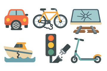 Broken Transportation Icons. Flat vector mini-illustrations broken transportation in colors children's illustrations: flat tire,