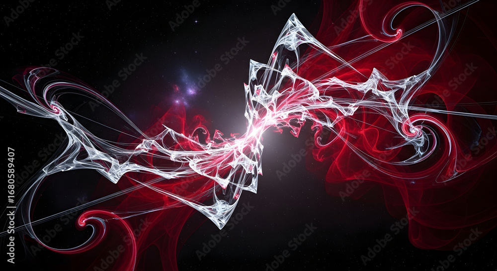 Poster abstract fractal energy wave with glowing particles and red nebula in dark space, a dynamic and intr