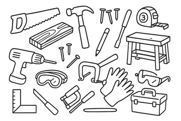 Obraz premium Carpentry Tools Icons. Hand-drawn doodle illustration carpenter saw, hammer, nails, measuring tape, wood plank, screwdriver,