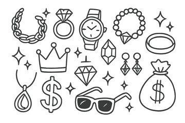 Cartoon Jewelry Icons. Hand-drawn doodle illustration flashy jewelry gold chain, diamond ring, watch, sparkling necklace, crown,