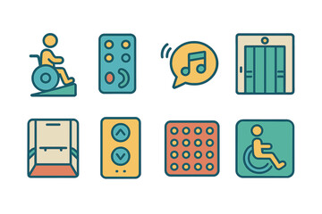 Children's Accessibility Icons. Flat vector mini-illustrations elevator accessibility in colors children's illustrations: