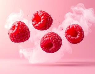 Fresh raspberries in motion, pink background