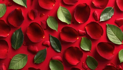 Red rose petals and green leaves arranged