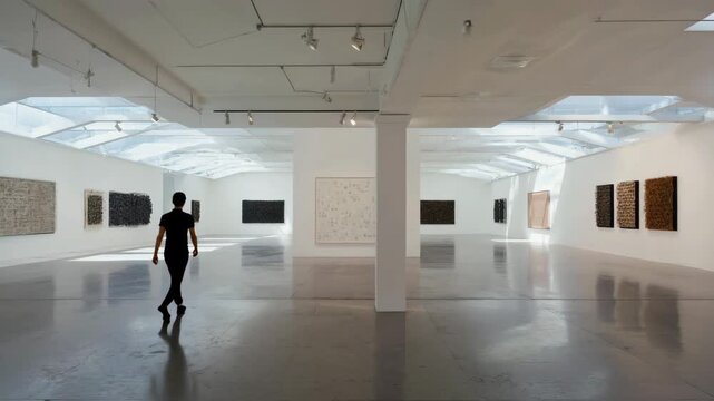 A man walking inside art gallery,  cinematic background for creative inspiration. A slow smooth dolly shot of a silent, modern museum hall filled with vibrant paintings