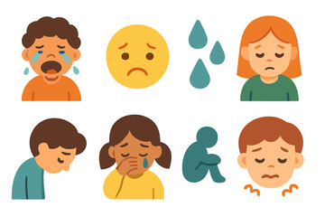 Children's Grief Icons. Flat vector mini-illustrations grief emotions in colors children's illustrations: crying child, sad face,