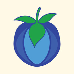 Stylized Blue Fruit with Green Leaves and Stem on Beige Background
