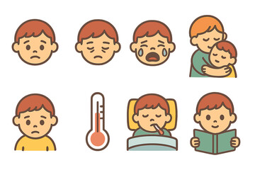 Children's Illness Emotions. Flat vector mini-illustrations illness and emotions in colors children's illustrations: worried face,