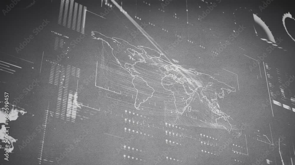 Aufkleber animation of financial data processing with world map on computer graphic interface