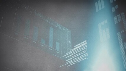 Animation of financial data processing with bar graph, flashes on digital interface - Powered by Adobe