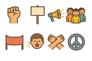 Children's Protest Icons. Flat vector mini-illustrations protest strikes in colors children's illustrations: raised fist, protest