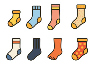 Children's Sock Variety. Flat vector mini-illustrations types of socks in colors children's illustrations: ankle sock, crew sock,