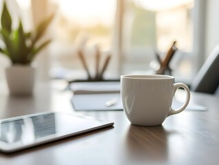 clean office table with only a tablet and coffee mug, bright daylight, productivity concept 
