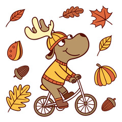 An adorable Moose with a Excited vibe, riding a bicycle, and a Autumn Leaves Autumn theme – SVG style