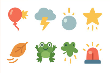 Colorful Children's Surprises. Flat vector mini-illustrations unexpected events in colors children's illustrations: popping