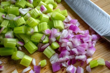 Chopped celery and red onion with kitchen knife on wooden board.