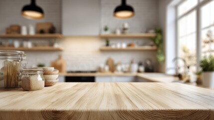 Empty Wooden Countertop Scene in Modern Kitchen Interior, Ideal for Lifestyle Branding Boosts Calmness and Inspires Creativity.
