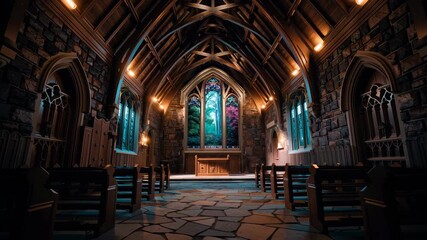 Serene interior of a historic chapel with stained glass. - Powered by Adobe