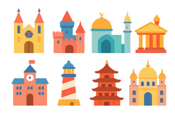 Colorful Landmark Icons. Flat vector mini-illustrations spires and buildings in colors children's illustrations: cathedral, castle