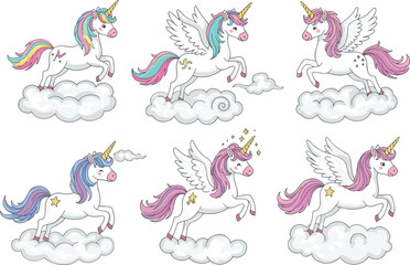 Cute unicorns with wings flying on fluffy clouds, rainbow mane magical horses, fairytale fantasy cartoon illustration for children and kids