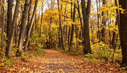 Fototapeta premium Autumn forest path with falling leaves, seasonal connection