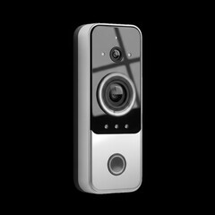 Modern smart doorbell with camera and fingerprint scanner, isolated on black background