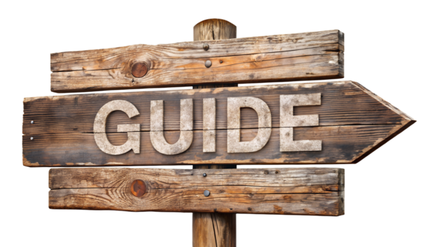 Wooden guide sign with arrow pointing right isolated on transparent background