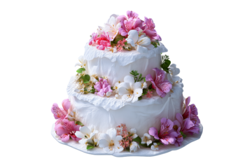 Three-tiered wedding cake with flowers.