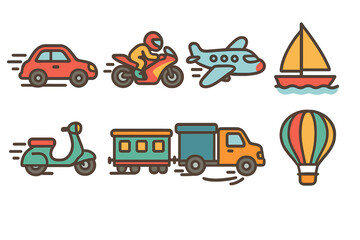 Fototapeta premium Colorful Vehicle Icons. Flat vector mini-illustrations vehicle motion in colors children's illustrations: speeding car, racing