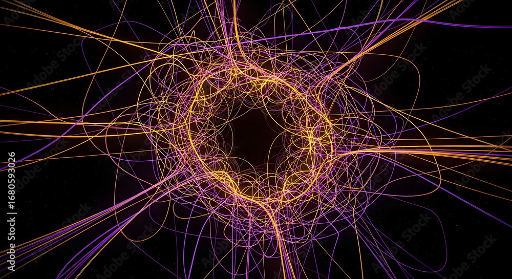 Poster abstract visualization of a glowing energy vortex with swirling light trails and particles on a dark