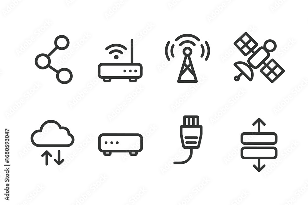 Poster communication network icons. outline icon set of communication networks: network nodes, wifi router,
