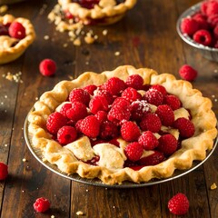 Fresh raspberry pie on a wooden table