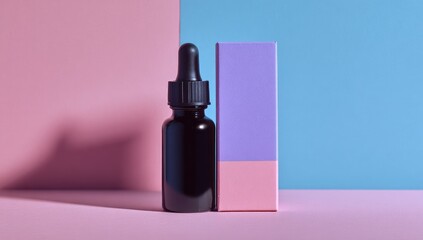 Dark bottle,  lilac box on pink & blue