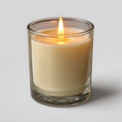 Lit candle in a glass holder on a white background