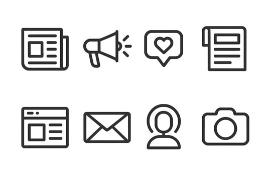 Communication Icon Set. Outline icon set of publications and communication: newspaper, megaphone, social media, newsletter, - Powered by Adobe