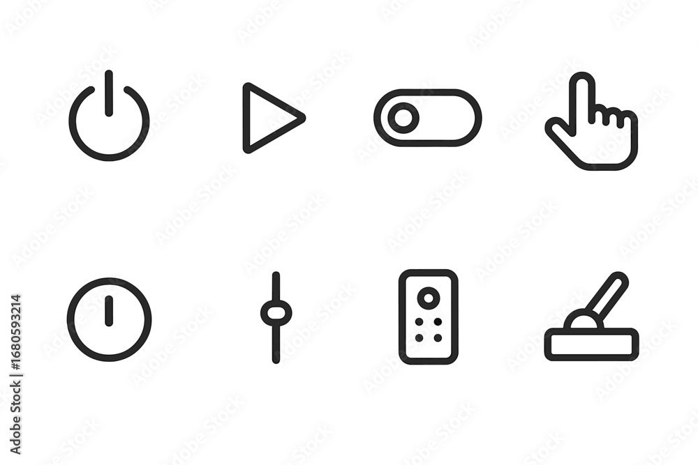 Poster control and community icons. outline icon set of start controls: power button, play icon, toggle swi