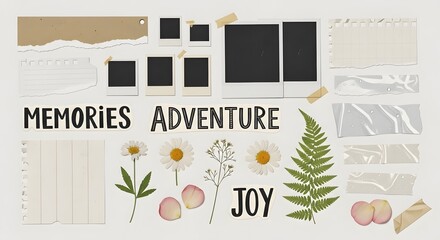 Scrapbooking elements with photos, flowers, and text isolated on white background