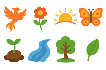 Cycle of Life Icons. Flat vector mini-illustrations death and rebirth in colors children's illustrations: phoenix, blooming flower